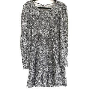 Parker Small Black White Abstract Smocking Cotton Blend Long Sleeve Dress